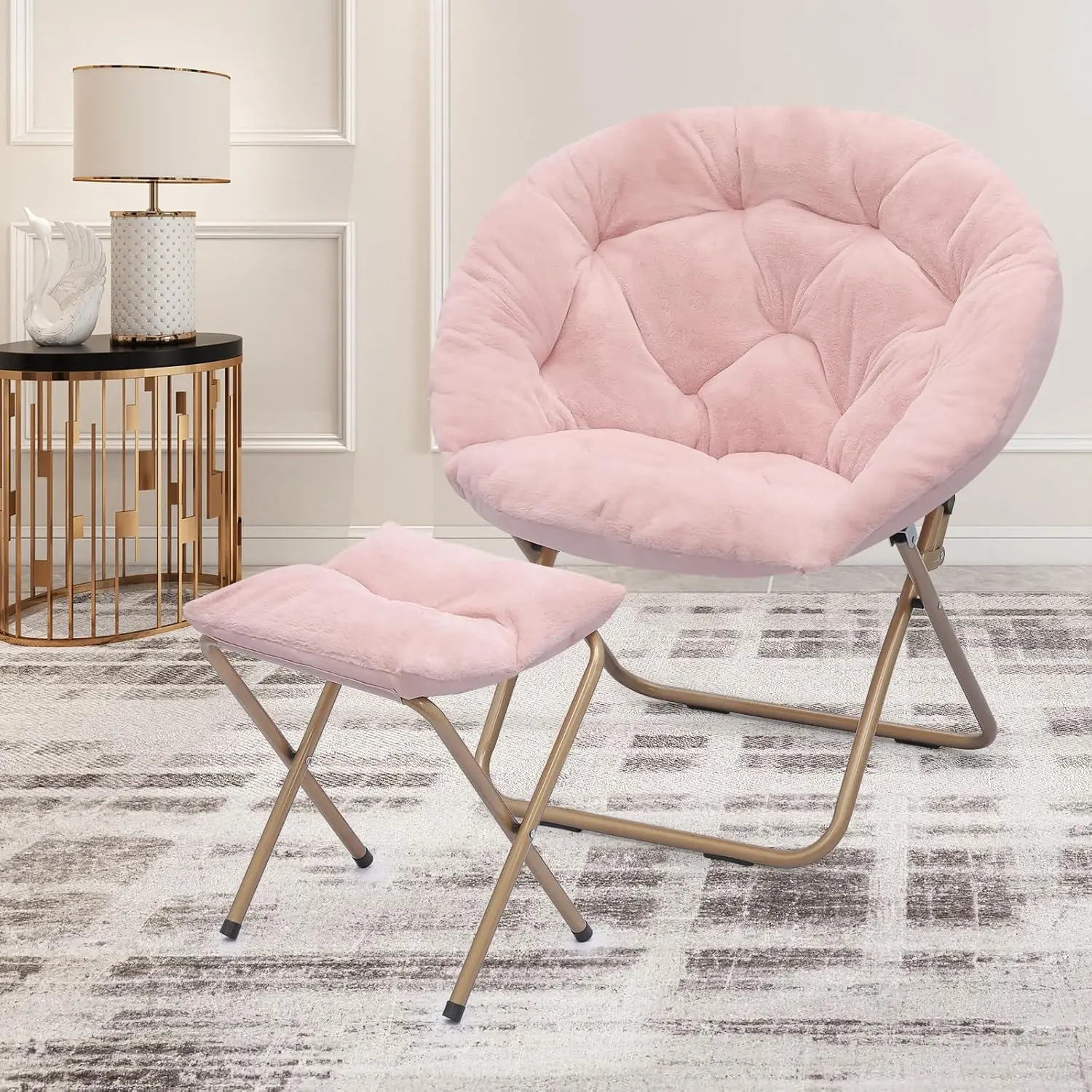 Round Folding Faux Fur Saucer Chair for Bedroom Living Room Dorm Foldable Metal Frame Oversized Large Comfy Furry Padded Soft