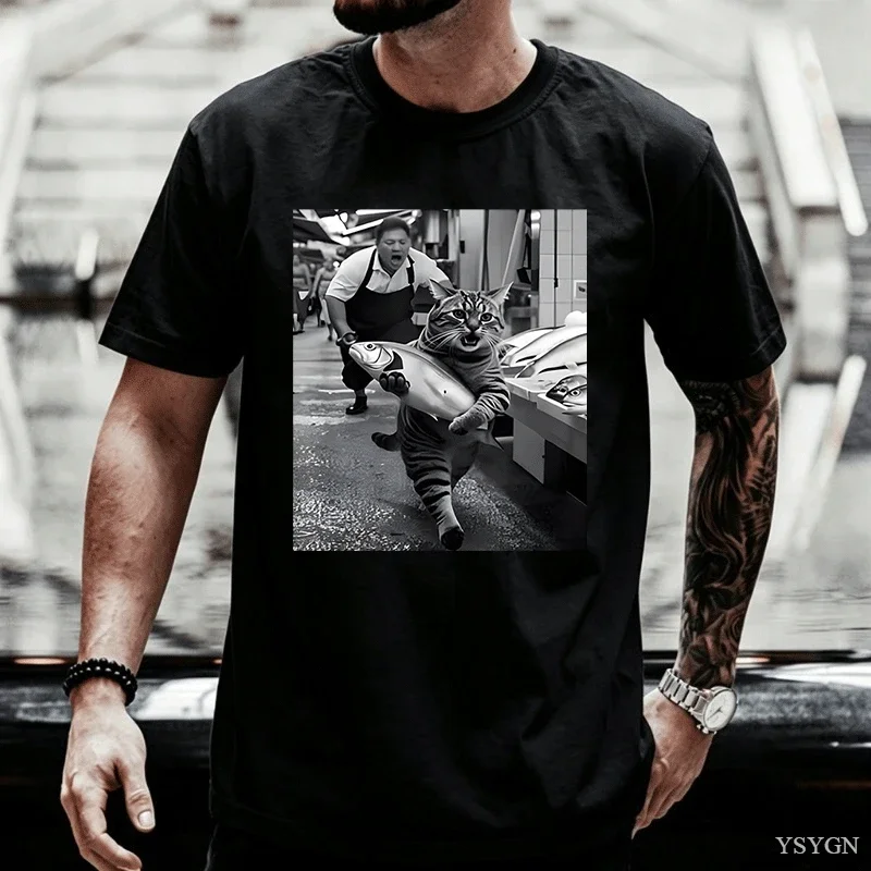 Funny T Shirt Men Women Short Sleeve Vintage Cat Market Vendor Black White Photo Print Breathable Loose Unisex Soft Cotton Tee