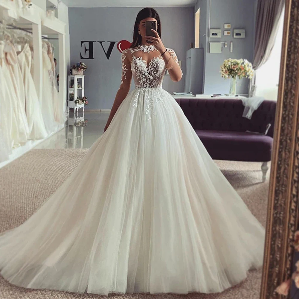 

2023 Long Sleeve Wedding Dresses A Line High Neck Bridal Gowns Appliqued Lace Wedding Robe Vestidos De Novia فساتين طويلة Mariée