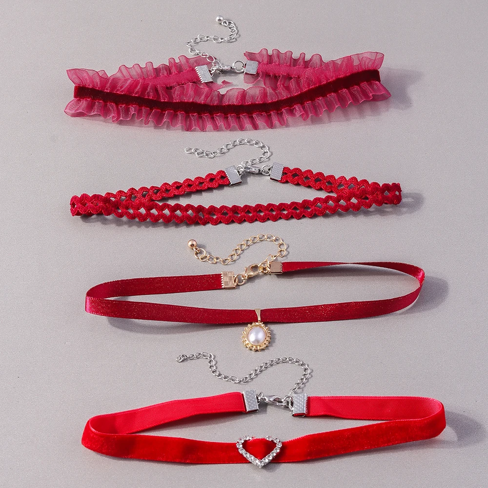 

Sexy Red Velvet Choker Necklace for Women Crystal Pearl Pendant Necklaces Girls Party Jewelry Gifts