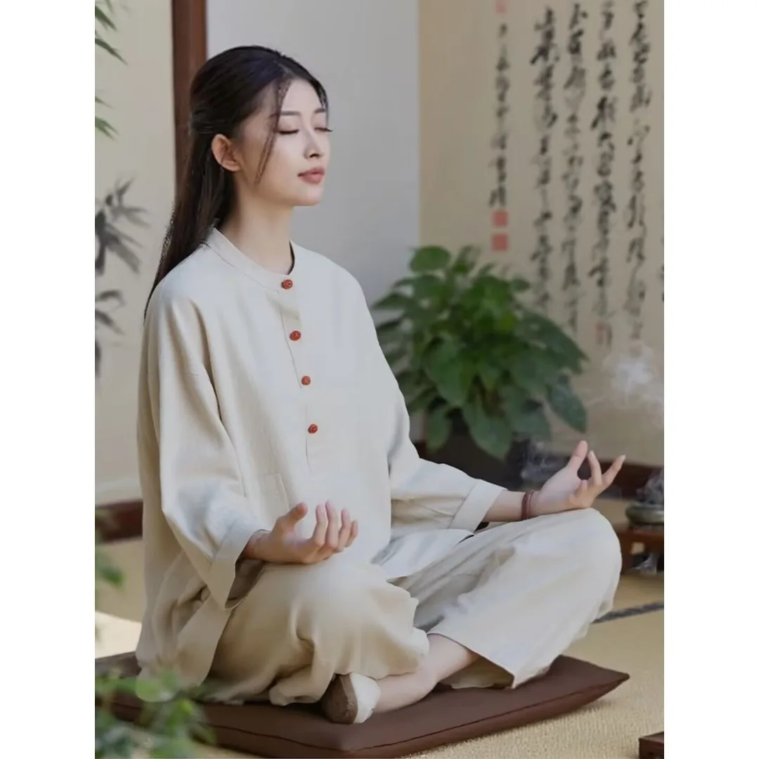 

Весенняя одежда Zen: Женская хлопково-льняная блузка на пуговицах в новом китайском стиле, с длинным рукавом, этнический традиционный сценический костюм