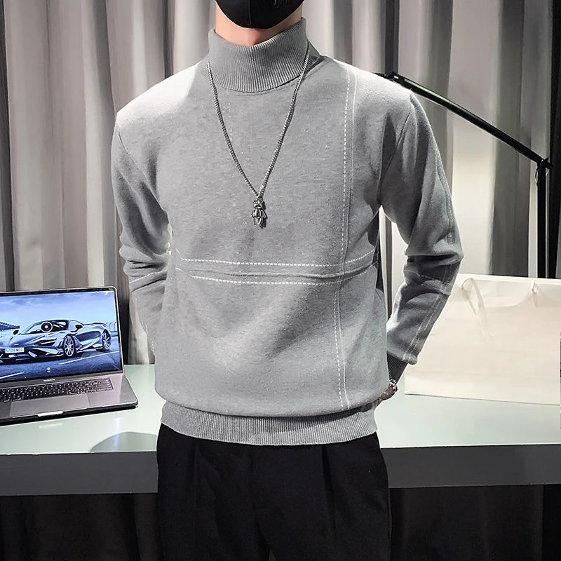 Maglione lavorato a maglia ispessito slim fit invernale da uomo con collo alto e jacquard, top a collo lungo tinta unita per giovani uomini