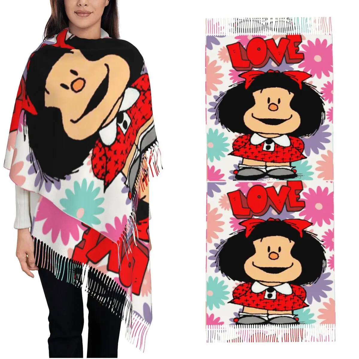 

Женский шарф Love Ma Convenas с цветами, теплые зимние кашемировые шали и накидка, длинный легкий шарф-шаль с героями мультфильмов