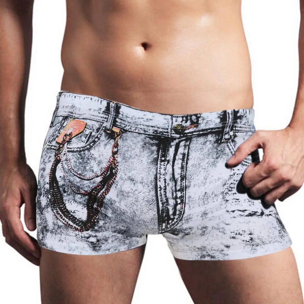 MOONBIFFY Men Printed Denim Short Underpants Summer Male Cotton Sexy Underwear U Convex Pouch Underwear Boxers