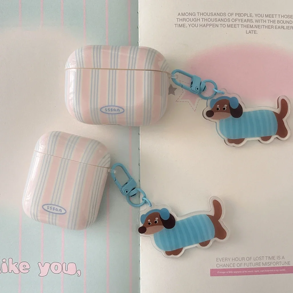 Ins Pink Blue Stripe Dachshund Dog Pendant Case Cover for AirPods 1 or 2 3  AirPods Pro Pro 2