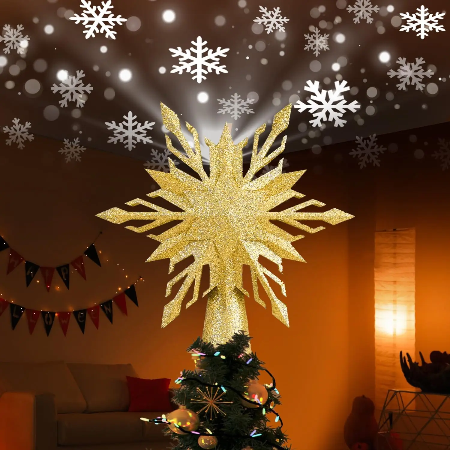 Christmas Star Tree Topper Lighted with Led Snowflake Projector Built-in LED Rotating 3D Projector Lights for Xmas Decoration