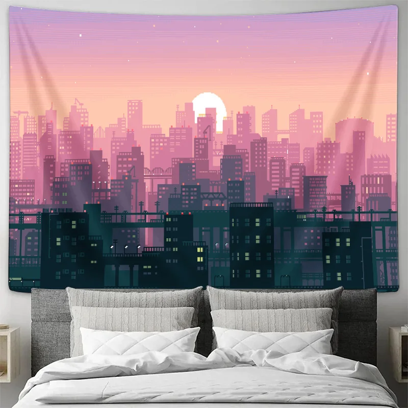 Aesthetic Sunset Cityscape Tapestry Wall Hanging Print Modern Urban Skyline Art Home Decor Living Room Decoration Bedroom Poster