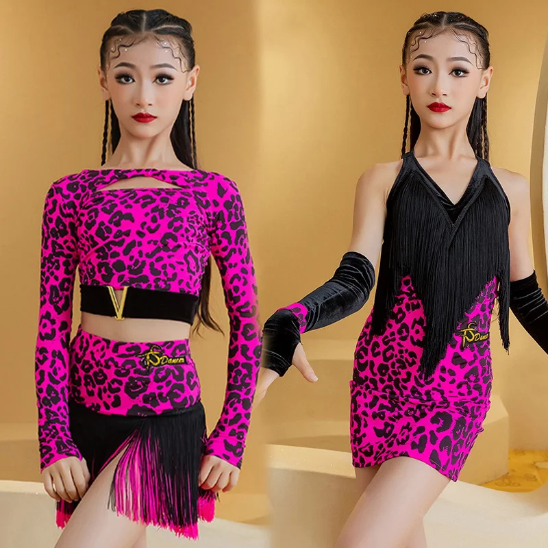 

Neon Pink Leopard Latin Dance Dress Girls Cha Cha Rumba Samba Dance Performance Costume Competition Clothes Fringe Dress BL13636