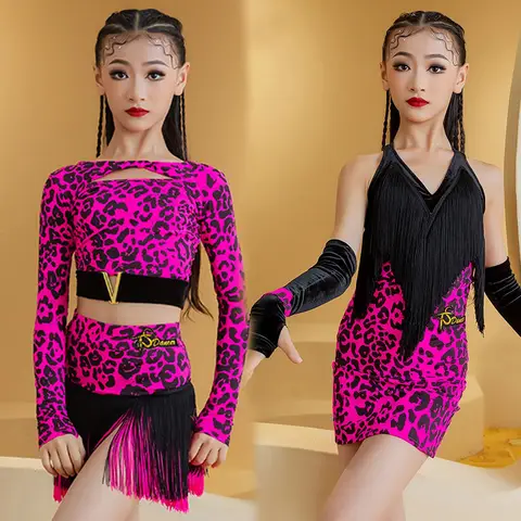 Neon Pink Leopard Latin Dance Dress Girls Cha Cha Rumba Samba Dance Performance Costume Competition Clothes Fringe Dress BL13636