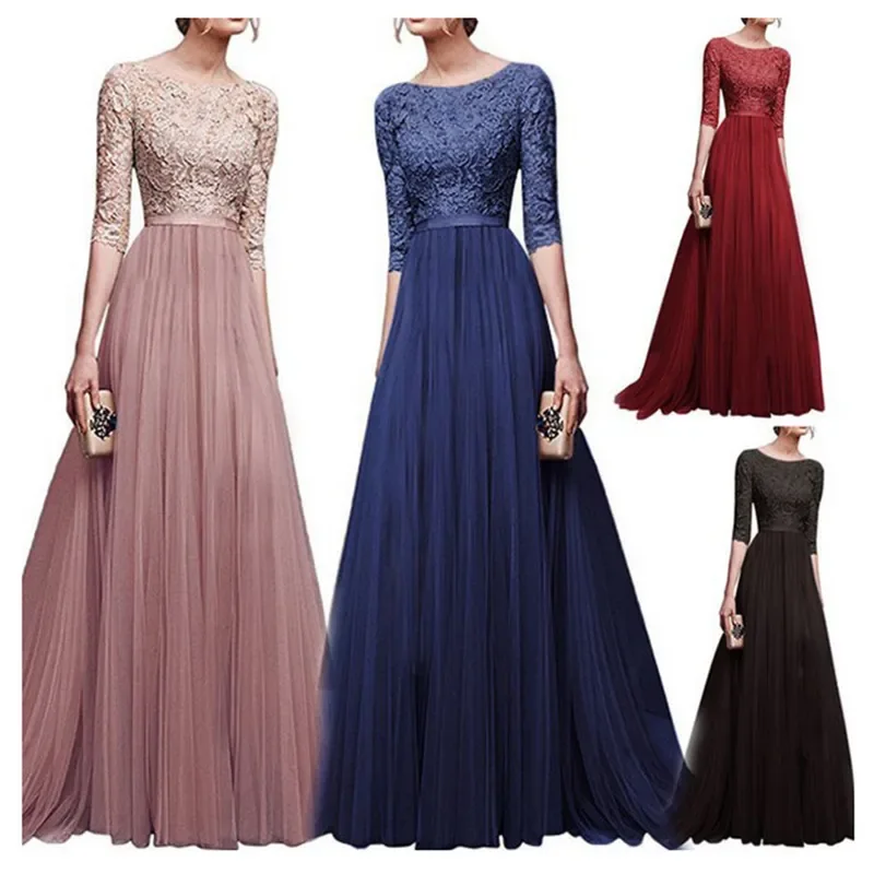 Women Plus Size 5XL Three Quarter Sleeve Lace Long Evening Party Dress Fit And Maxi Prom Evening Dress Vestidos