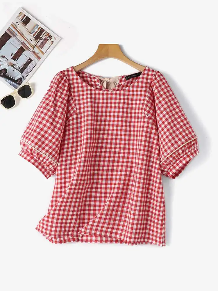 

ZANZEA Half Puff Sleeve Casual Shirt Top Fashion Tied Back Collar Women Loose Gingham Blouses Checked Elegant 2024 Summer Blusas