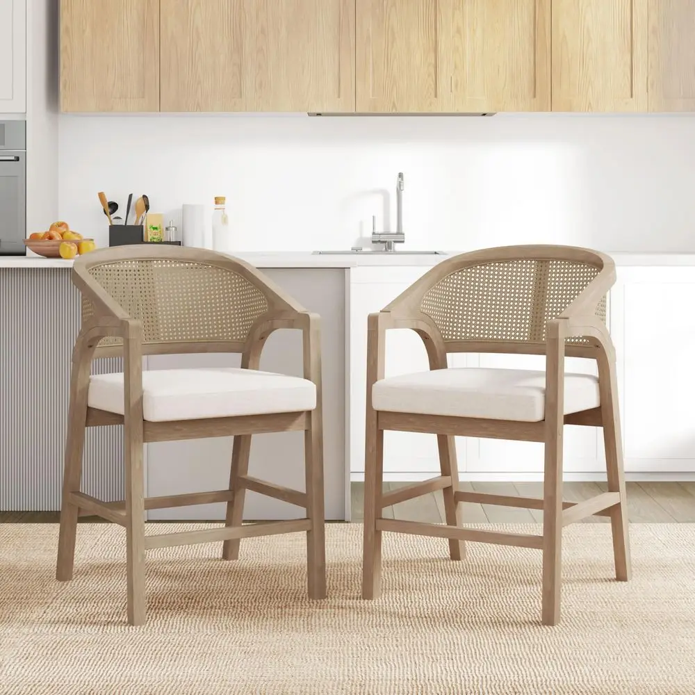 

Set of 2 Morley Wooden Counter Stool,Dining Room Kitchen Island Barstool with footrest, Curved Backrest,Wicker Cane Accents,Sof