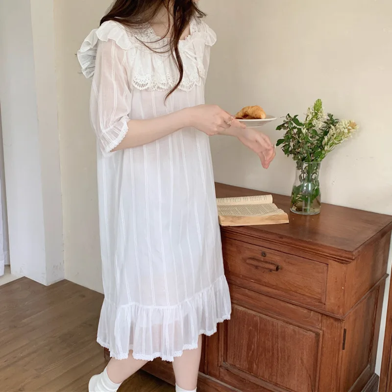 Summer Nightgown Women Chiffon Short Sleeve Lace Mesh Nightdress Palace Princess Sweet Sleepdress Cute Spring Homewear Nightwear