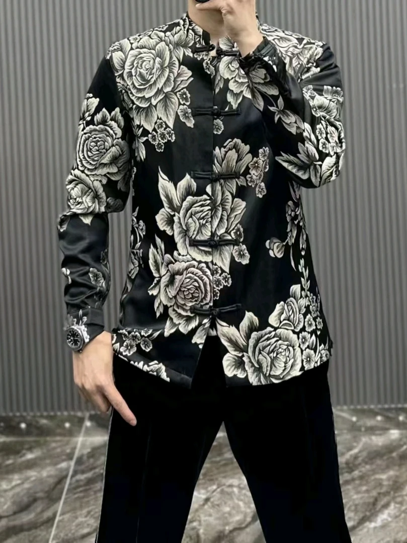 New Men's Fashionable T-Shirt Collar Tang Costume Shirt with Embroidery And Button Cuff Long Sleeve Spring Autumn Wear