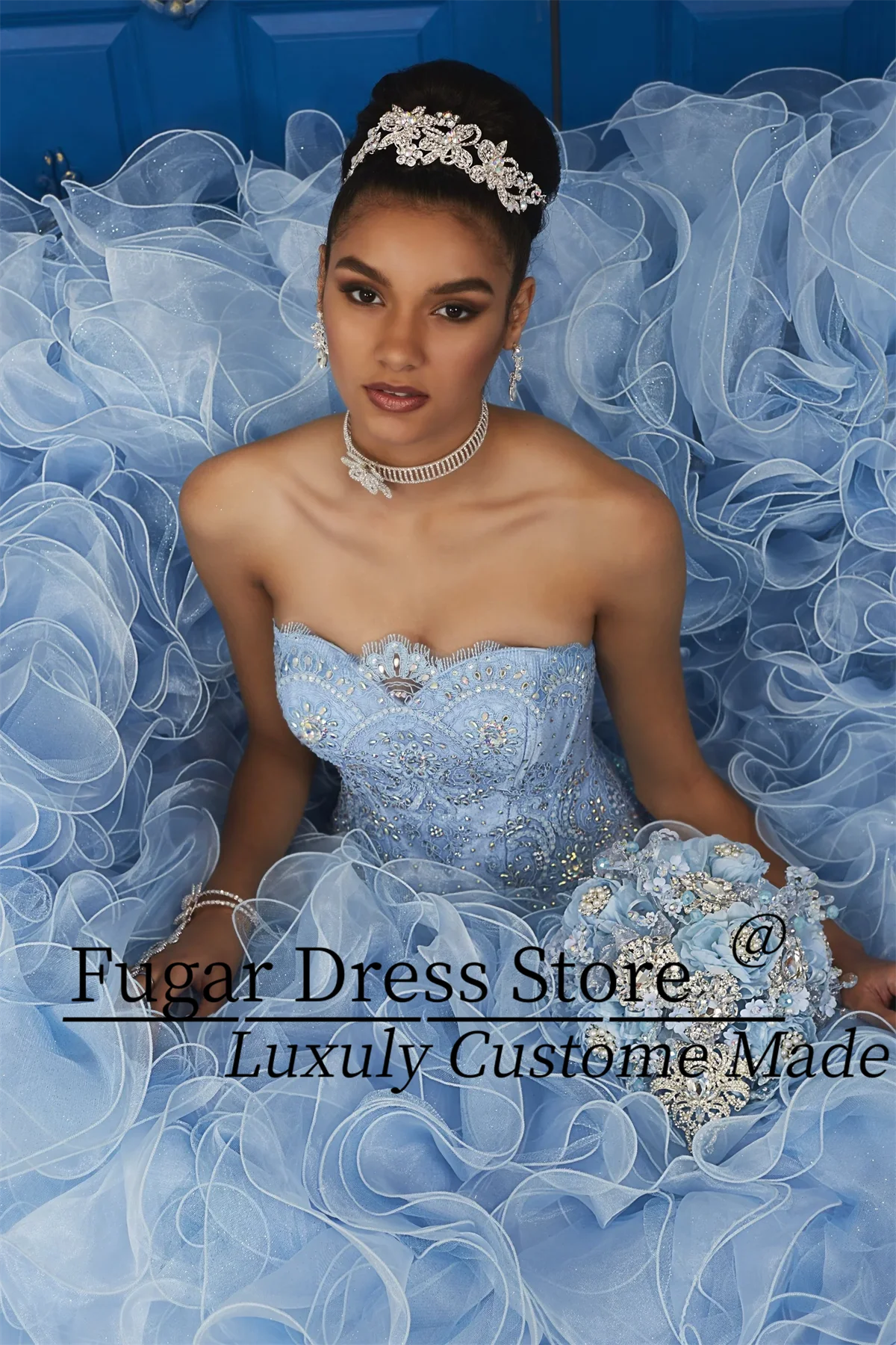 Baby Blue Princess Quinceanera Dresses Sweetheart corset Transparent stiff gauze and shiny chiffon ruffles vestidos para niñas