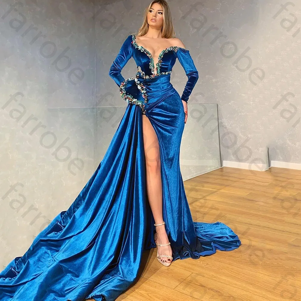 Aangepaste Koningsblauw Zeemeermin Avondjurken Kralen Kristallen Pailletten Velours Optocht Prom Gown Formele Feestjurk Lange Robe de So