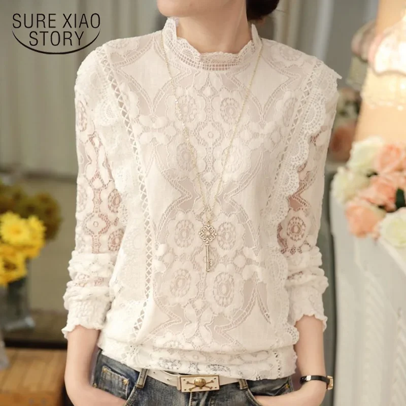 Fashion Casual Chiffon Shirts New Arrival 2022 Autumn Women Blouses Long Sleeve Stand Floral Lace Blouses Casual Tops 07F 25