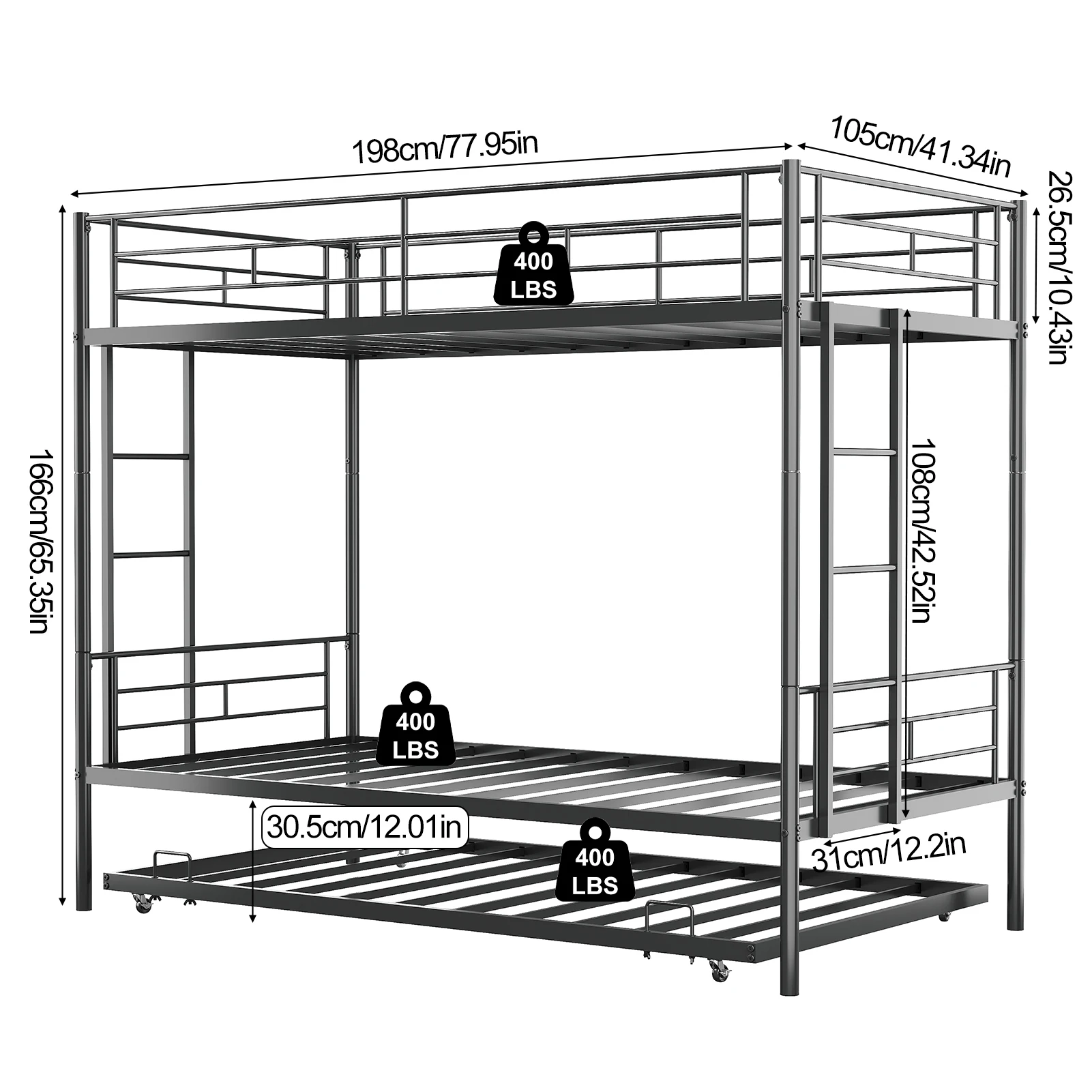 3 in 1 Bunk Bed with Trundle Twin Over Twin Bunk Bed Frame w Dual Ladder and Safety Rails No Box Spring Needed Noiseless Space image 5