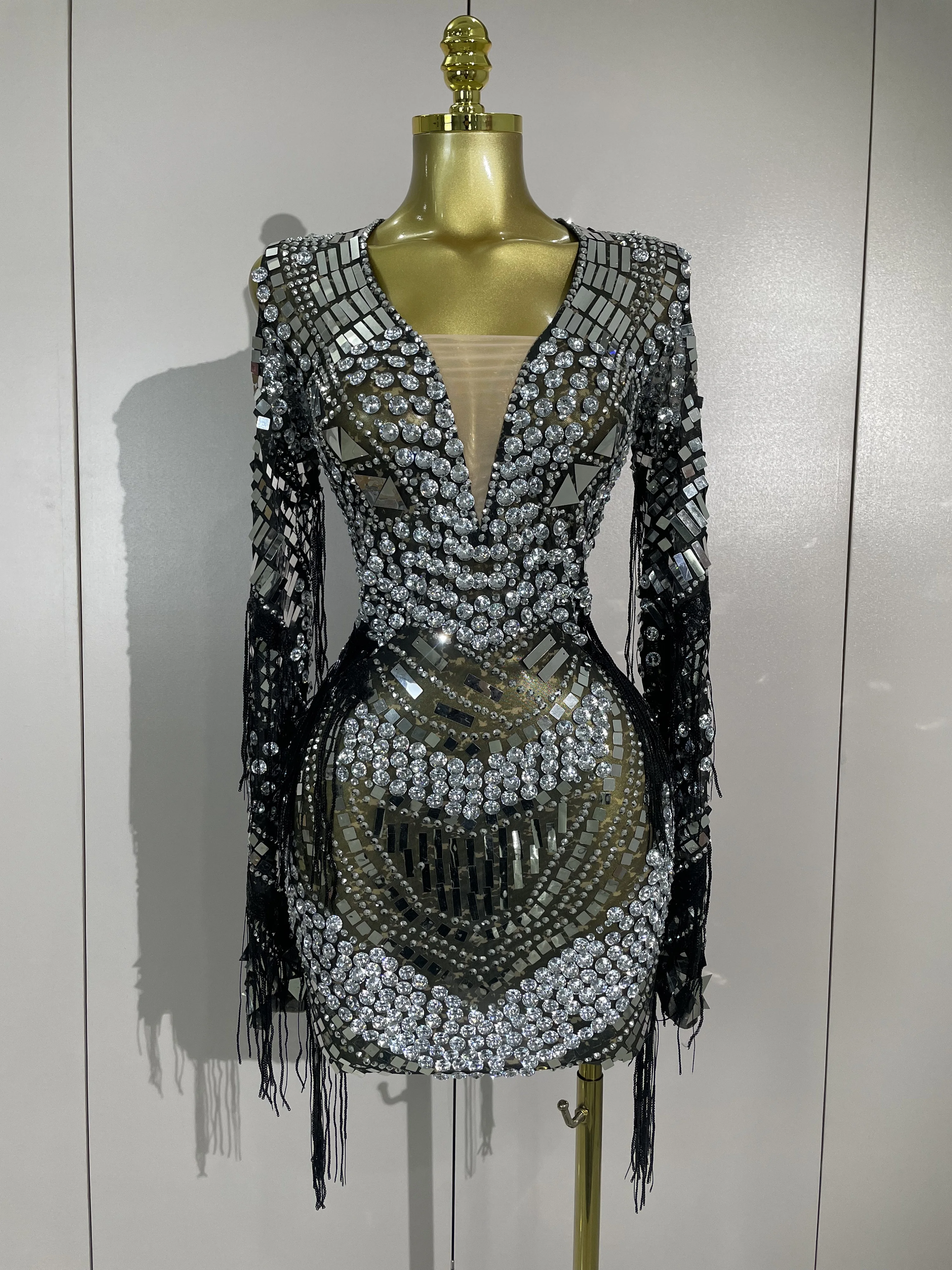 Sparkly Diamonds Sequin Tassels Long Sleeves Sheer Mini Dress Evening Party Luxury Birthday Sexy Mesh Nightclub Photo Shoot Wear