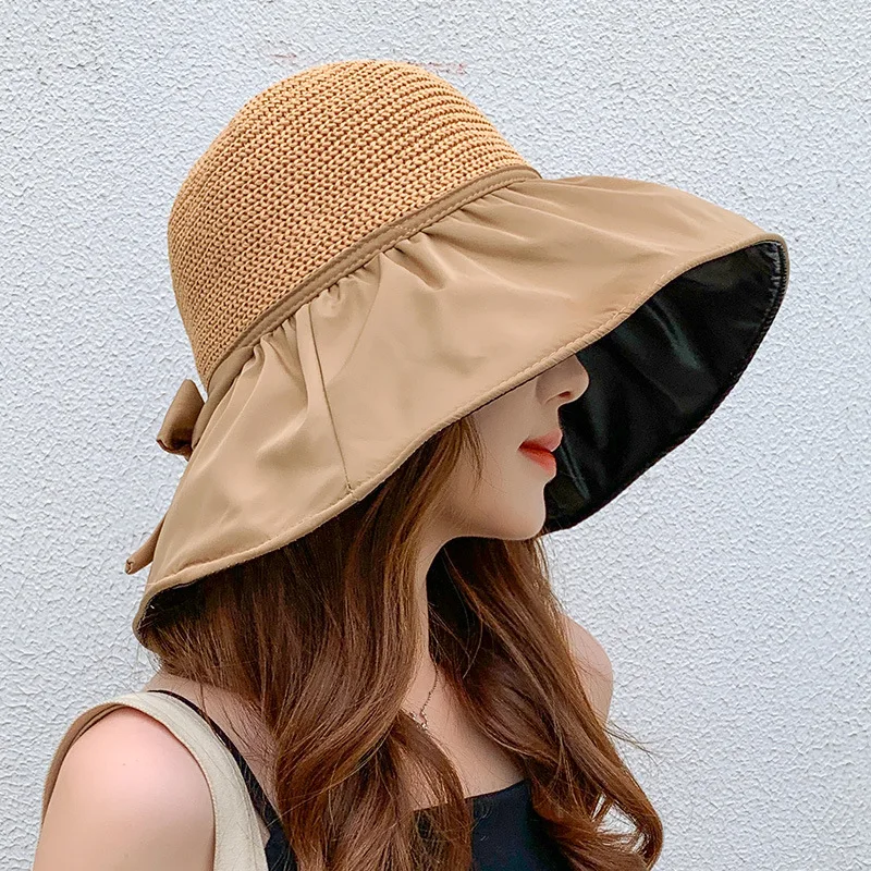 Summer fashionable anti-UV vinyl beach hat with large brim bow fisherman hat commuter sun protection hat wholesale