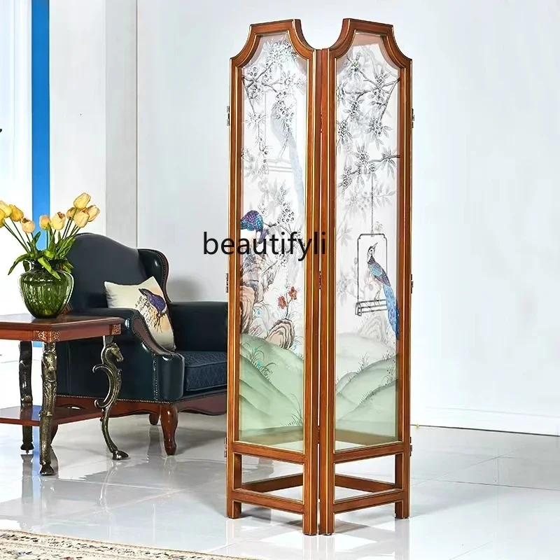 Z.New Chinese screen hand-painted partition living room folding mobile entrance wall  solid wood hotel retro folding screen