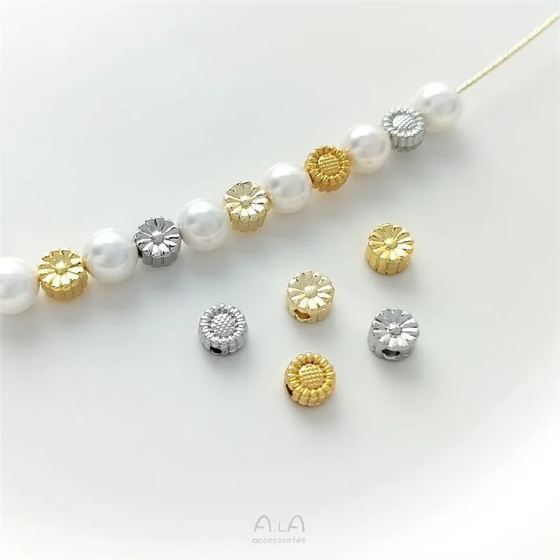 

Бусины-разделители в форме маленьких ромашек и подсолнухов из светлого золота 14K и белого золота 18K для рукоделия, изготовления браслетов, серег и аксессуаров