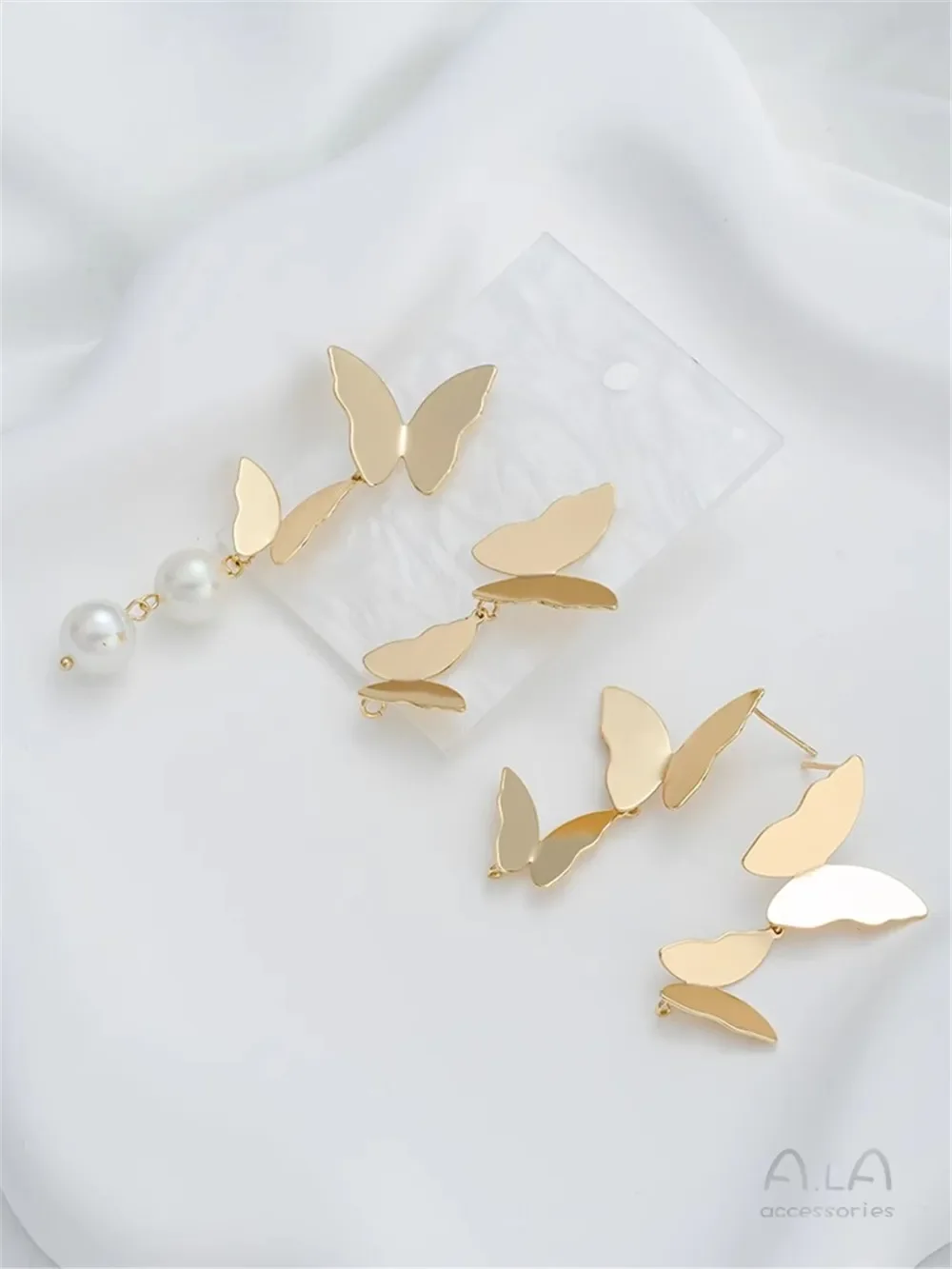 

14K Gold-wrapped Shiny Surface Fairy Double Butterfly with Hanging Ring Earrings DIY Handmade Hanging Pearl Earrings Ear Jewelry