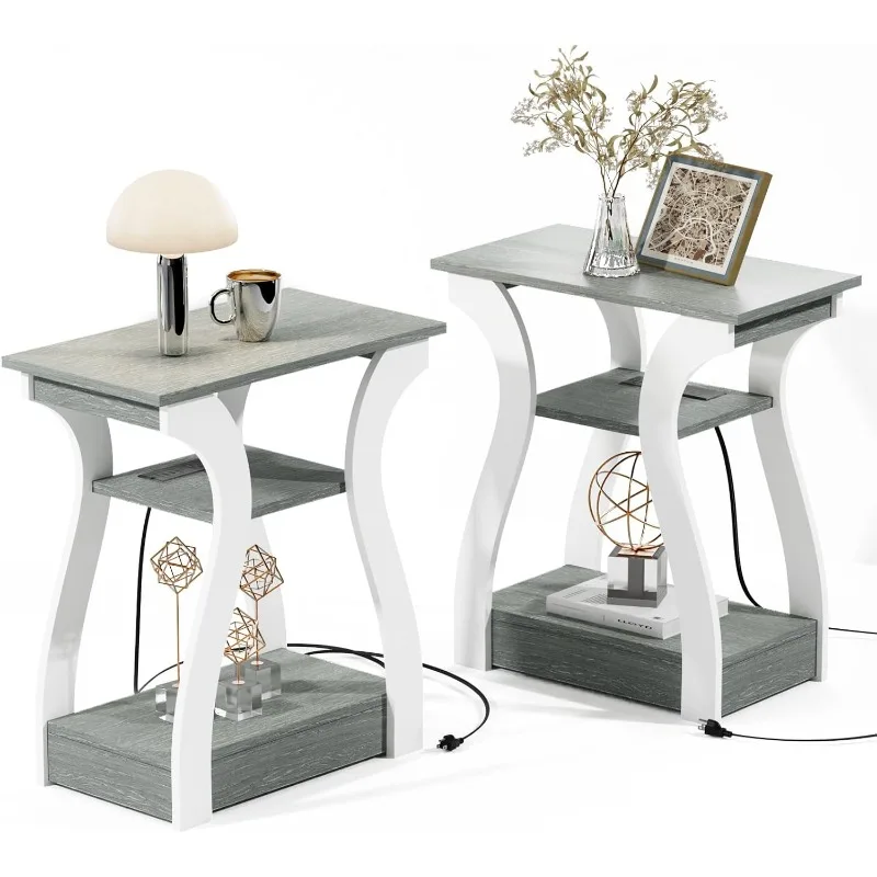 End Tables Living Room Set of 2, End Table with Charging Station, Grey End Table with USB,Grey Side