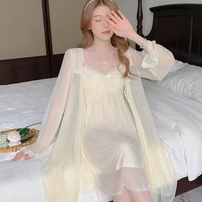 Women\'s Summer Long Sleeved Sexy Camisole Pajamas Dress Chest Pads Thin Internet Celebrity Home Clothing Two-piece Set Nightgown