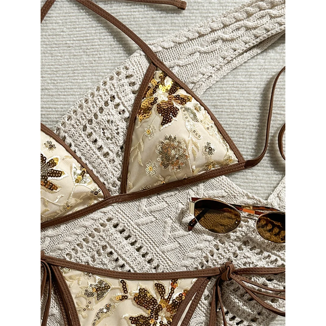 Bedruckter Bikini mit Pailletten, Neckholder-Design, Damen-Badebekleidung, zweiteiliger Bikini, hoher Beinausschnitt, Badeanzug, Badebekleidung, Modell V8237. – Detail 28