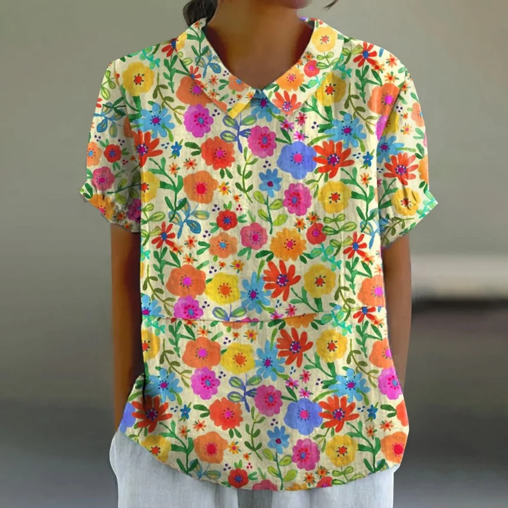 Woman Blouses Retro Floral Pattern Print T-Shirt Summer Fashion Outdoor Lapel Short Sleeve Tops Women Pulovers Blouse Clothing