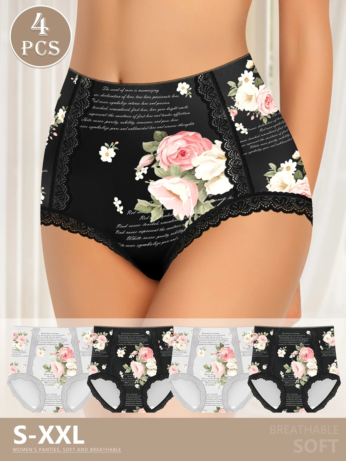 

4pcs Women'S High-Waist Panties with Tummy Control, Lace Floral Rose Print, Breathable Briefs - Elegant Style, Comfort Fit