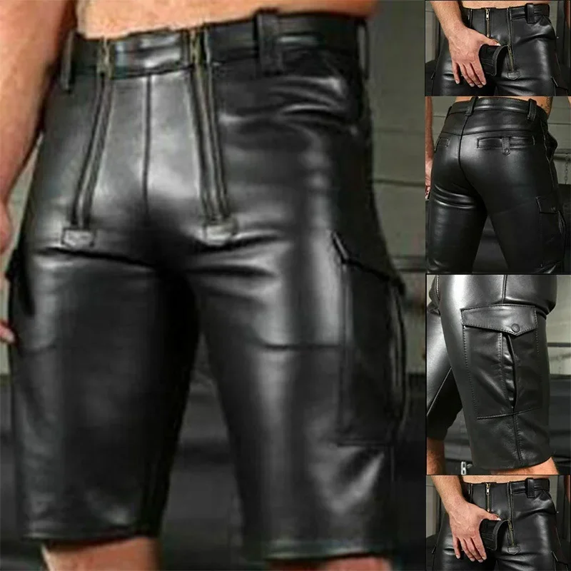 New Men\'s Pu Leather Pants Solid Color Big Pocket Double Zipper Decoration Punk Casual Sexy Lederhosen