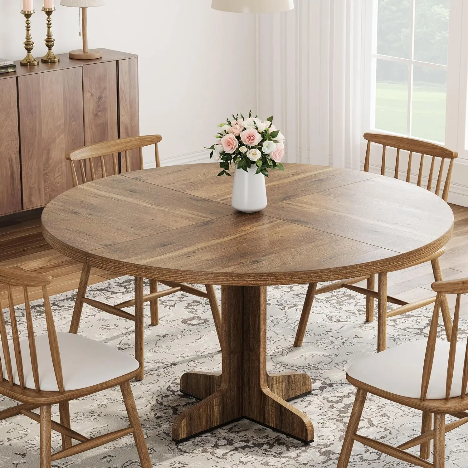 Round Dining Table for 4, 47 Inch Farmhouse Circle Kitchen Table with Wood Tabletop and Stable Base, for Home Dining Room Living