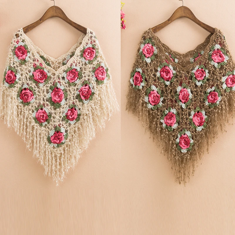Women\'s Crochet Flower Sweater, Knitted Cloak, Short Tassels, Pullovers, Female Craps