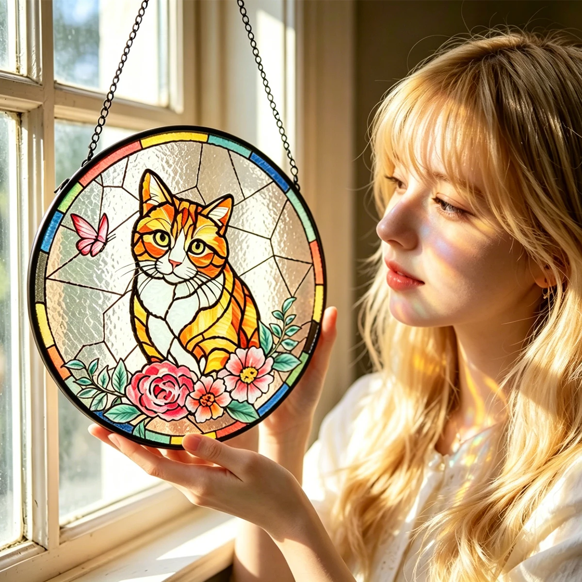 30cm Custom Photo Pet Stained Glass Suncatcher Personalized Memorial for Dog Cat Window Hanging Sympathy Gift for Pet Lover