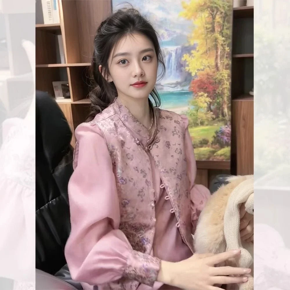 

New Chinese Style Vest Suit Shirt For Spring New Fashion Set two-piece Set Oriental Style Set Pink Oriental Jacquard Vest