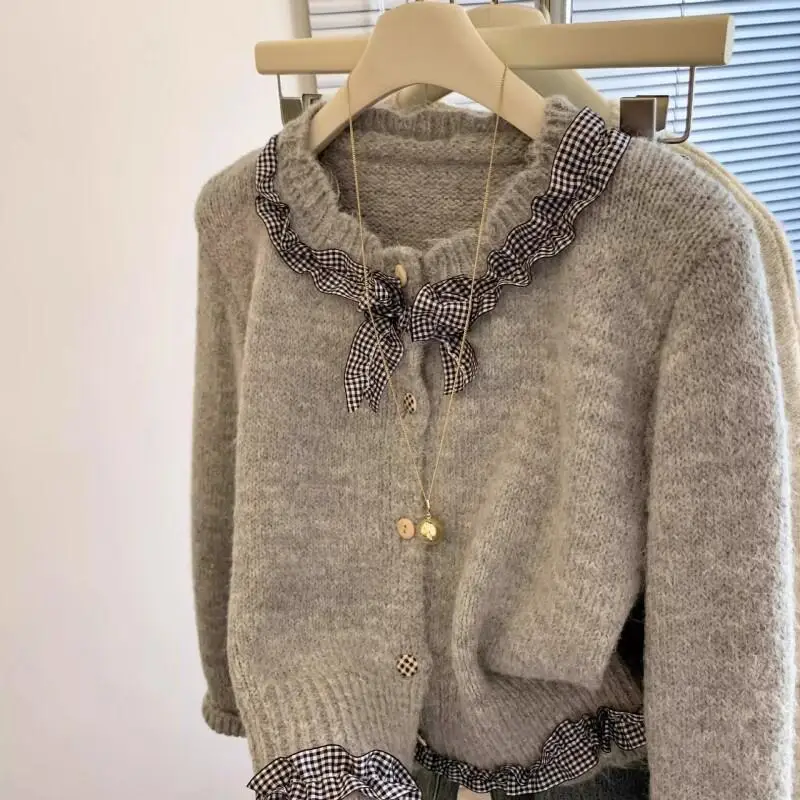 knitted tops Hot Style Fashion Gray design Korean plaid collar bow sweater cardigan women's spring age-reducing temperament