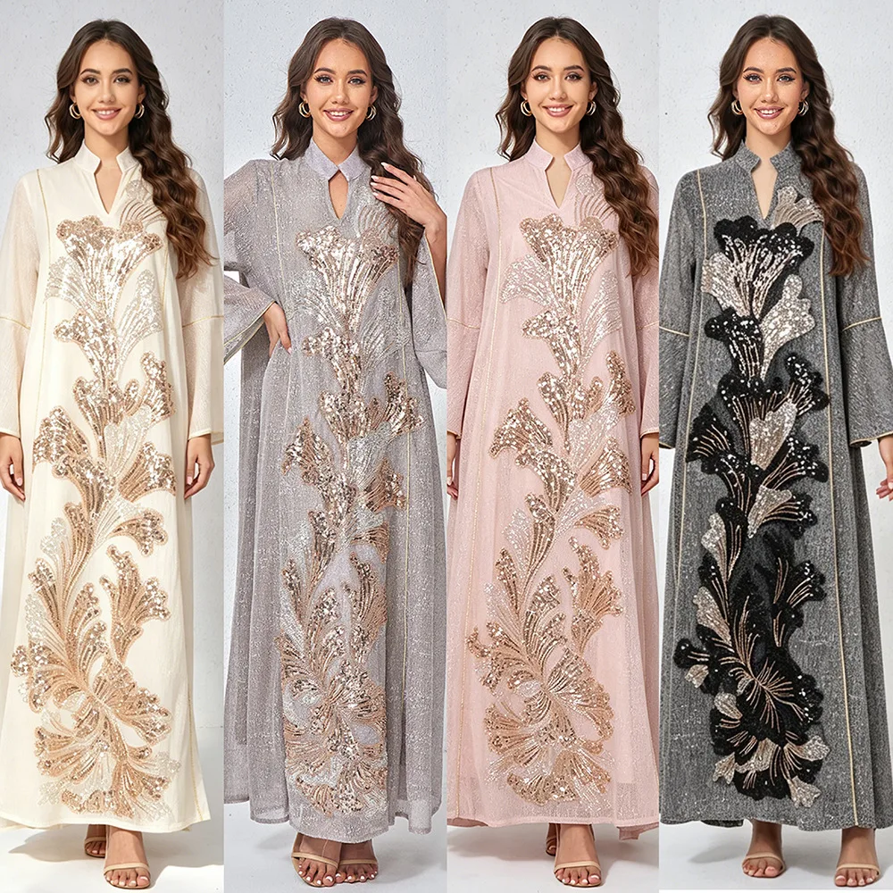

Eid Dress Abaya Women Muslim Morocco Ramadan Party Dresses Sequins Stand Collar Long Robe Dubai Kaftan Islam Vestidos Jalabiya