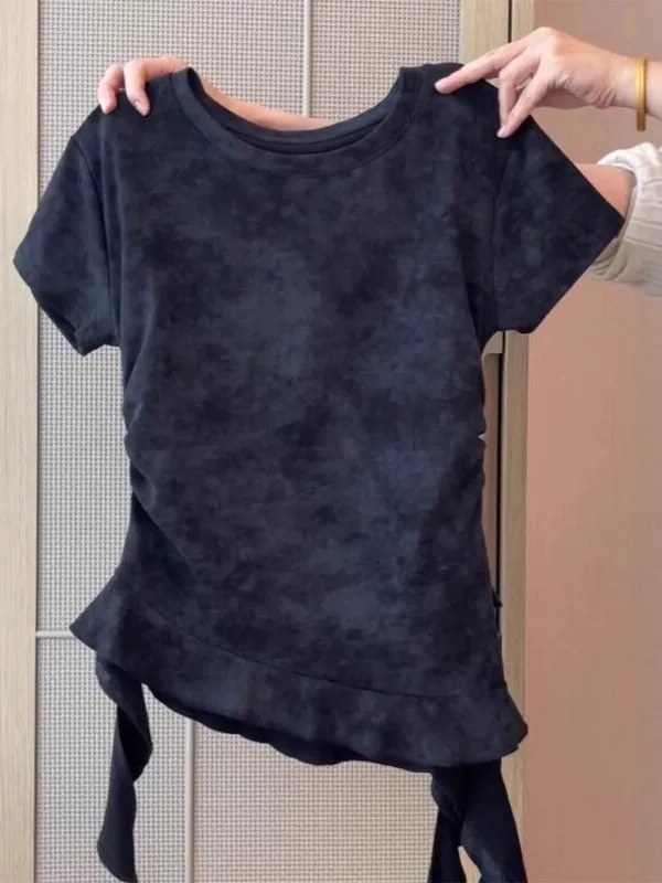 Girls' Slim Fit Short Sleeve T-Shirt High Waist Ankle Length Dyed Tie Dye Asymmetrical Hemline Korean Style Summer Top