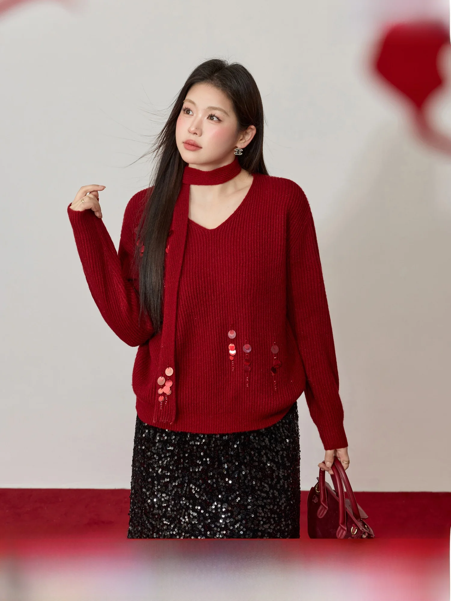 

Handmade Thiened Winter Sweater with Sa Red Color for plus Size Women Ele Sle V-Ne Knitted Inner Wear for Daily Use