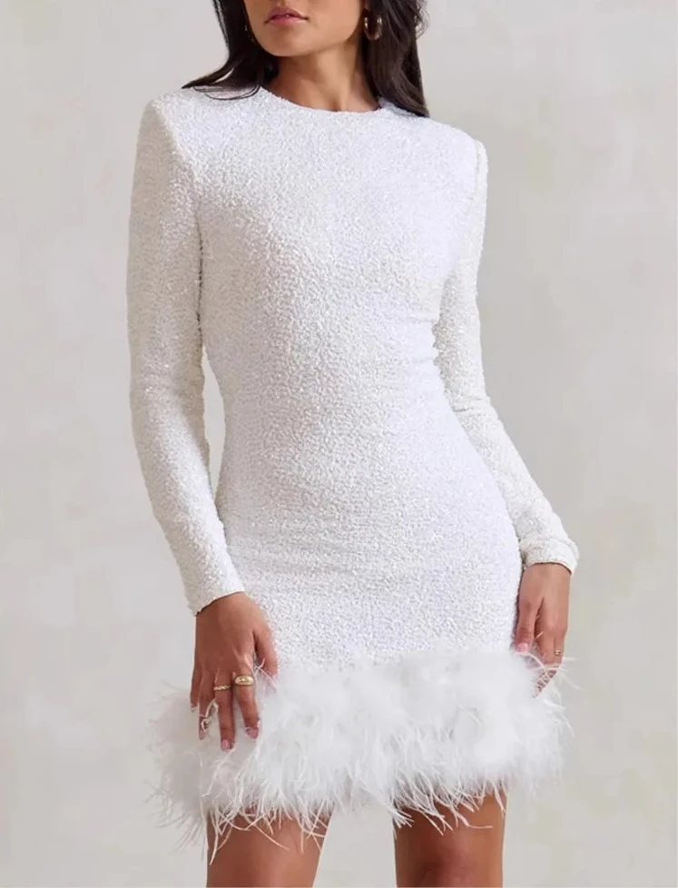 

Сексуальное вечернее платье с блестками и перьями в стиле пэчворк, женское мини-платье с круглым вырезом и длинным рукавом на бедрах, женские