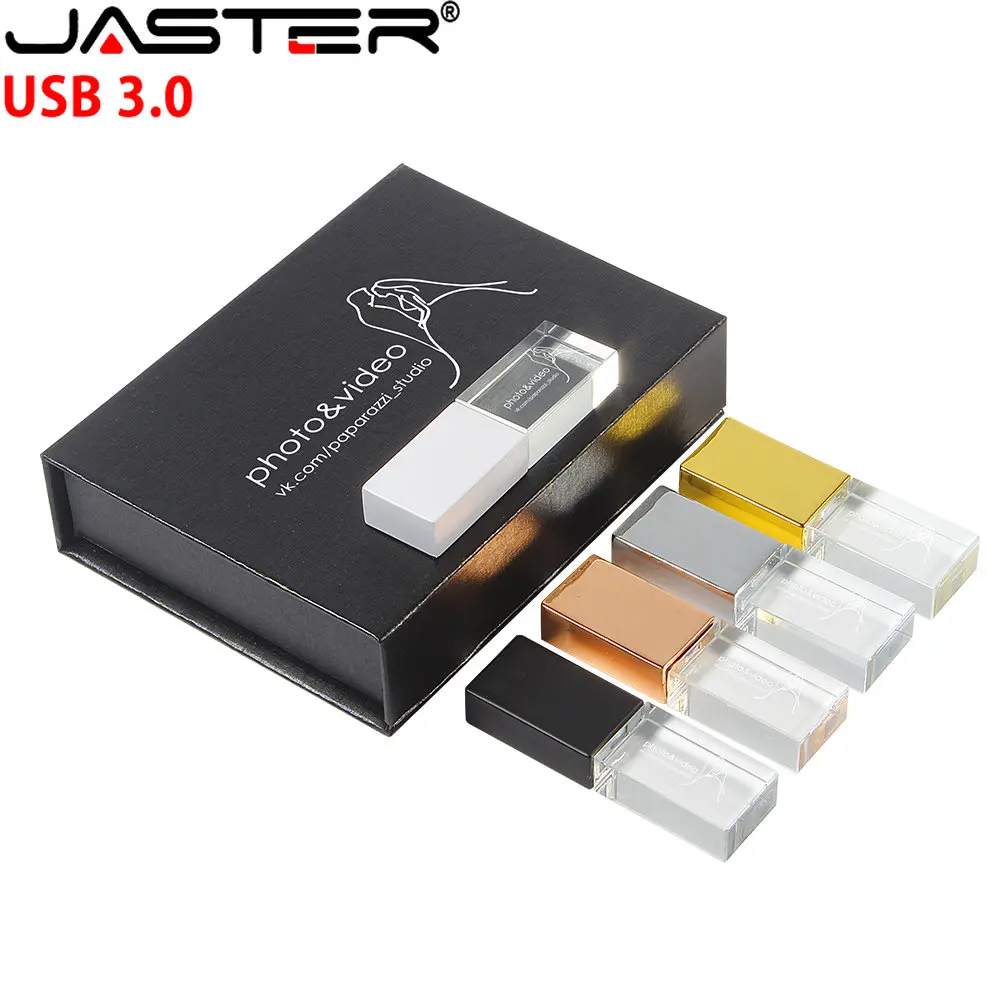 

High Speed Free Custom Logo Crystal Pen Drive Black Box Real Capacity USB3.0 Flash Drives Wedding Custom Memory Stick 64G U Disk