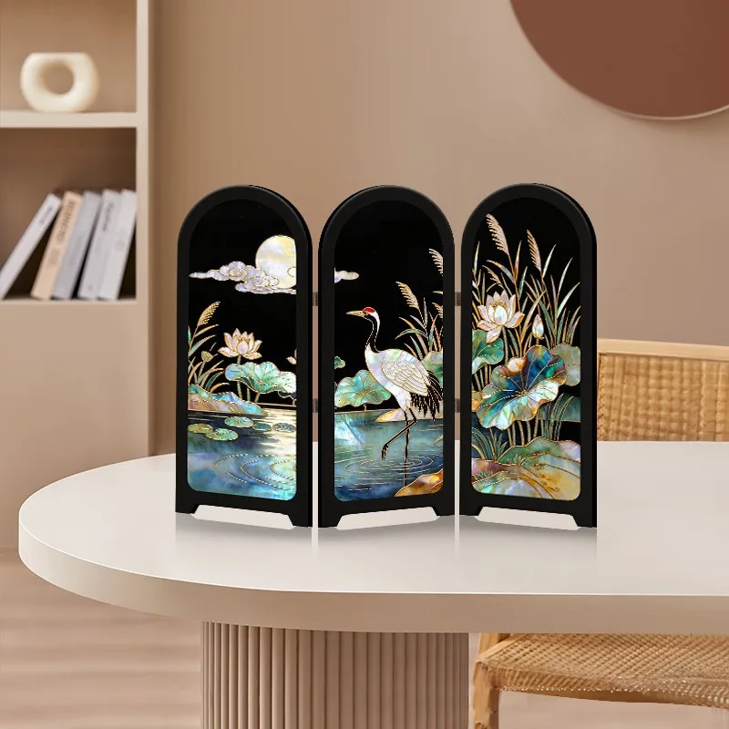 Lacquer Painting Imitation Inlaid Wood Folding Screen Partition. Sideboard With Decorative Paintings Placed on the Shelves.
