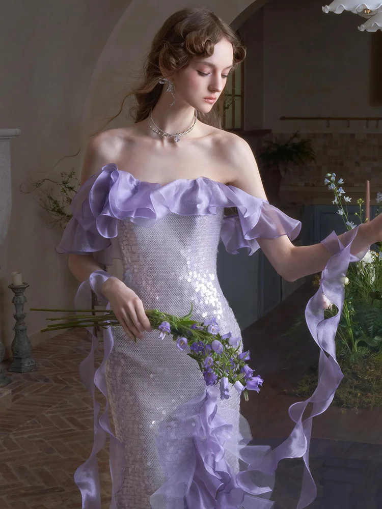 فستان سهرة أرجواني مكشوف الكتفين للنساء، عمل ثقيل، مثير، مطرز بالترتر، عشاء، ذيل السمكة، نخب العروس