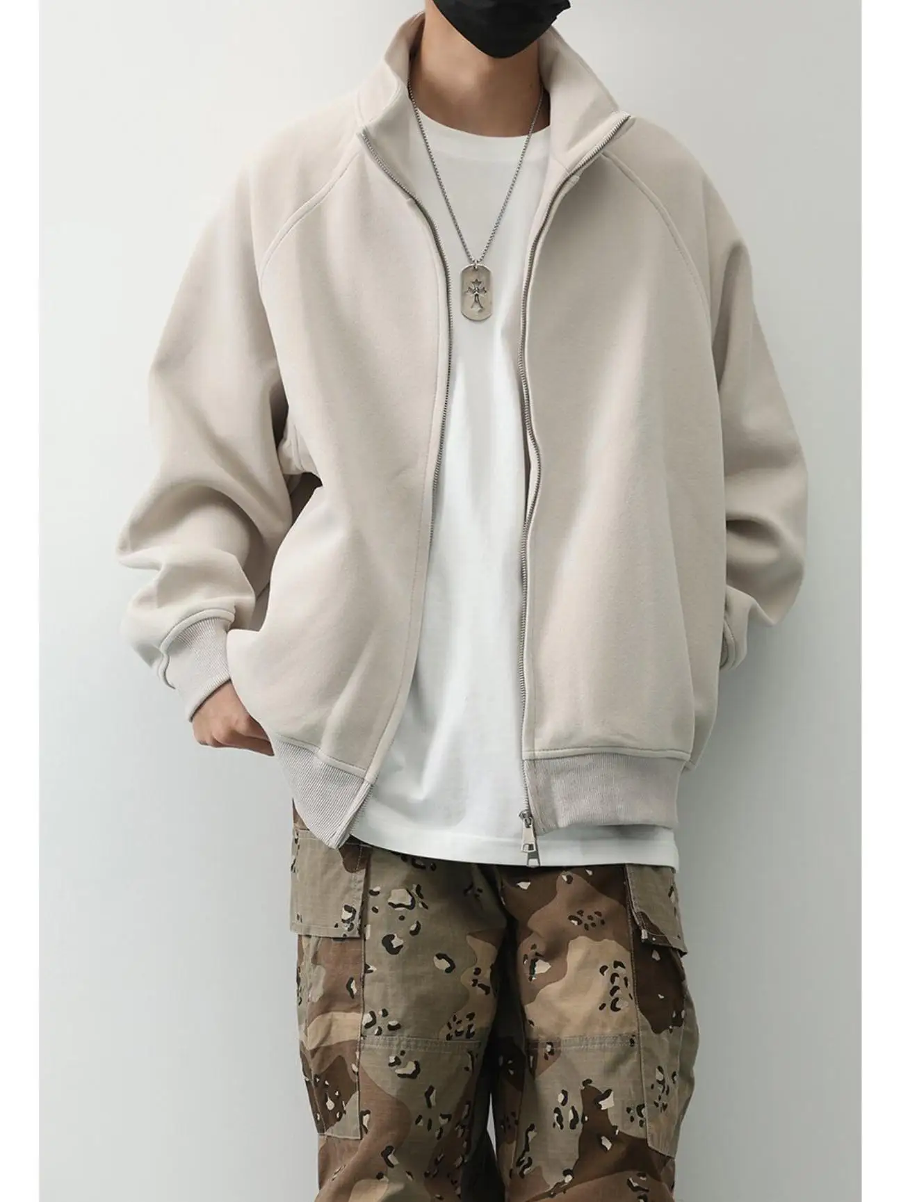 

Loose Fit Men's Sportswear Japanese Style Vintage Color Stand Collar Open Cardigan Sweatshirt Casual Trendy Top