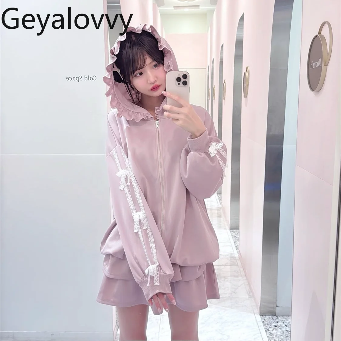 

Оригинальная кружевная толстовка с капюшоном в японском стиле, кружевная толстовка с длинными рукавами и молнией с бантом, куртка и короткая юбка-тортик