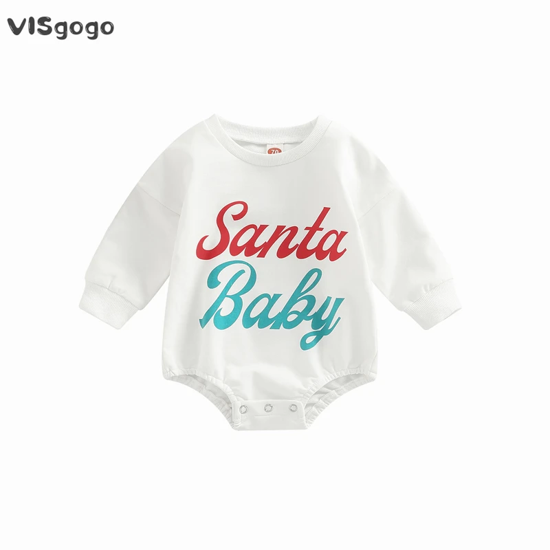 

VISgogo Christmas Baby Rompers Casual Letter Print Round Neck Long Sleeve Jumpsuit for Newborn Toddler Girl Boy