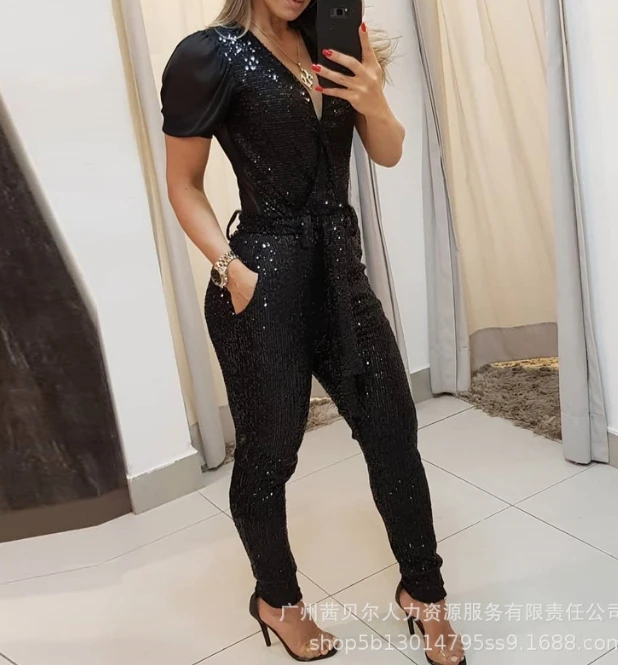 

Hot Selling for Women 2024 Spring Summer Jumpsuit Elegant Sexy Black Short Sleeve Deep V Sequin Temperament Commuting Romper