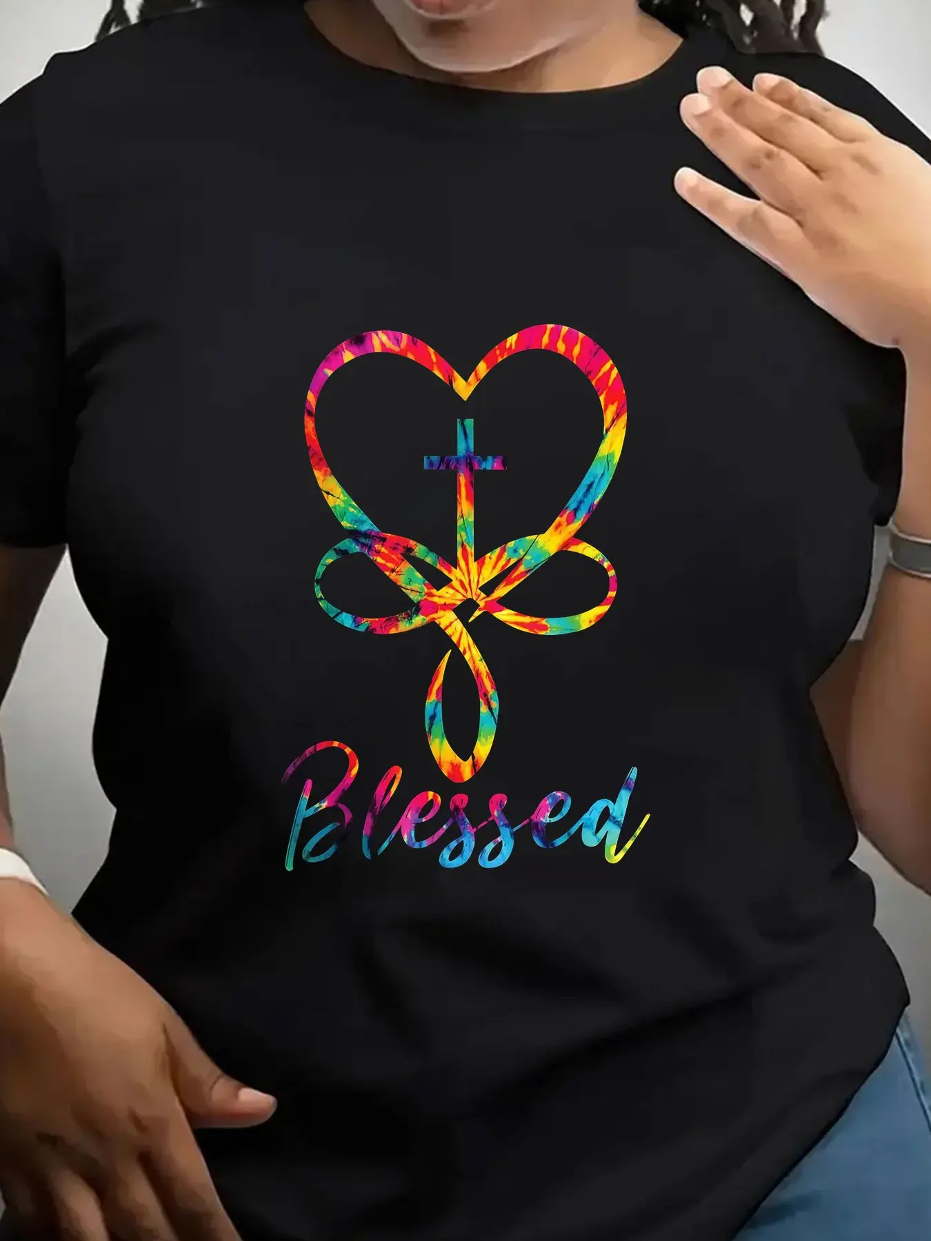 Women's Trendy Crew Neck T-Shirt Colorful Heart Cross Blessed Design Suitable for Casual Sportswear